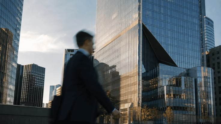 A businessperson walking past glass office towers