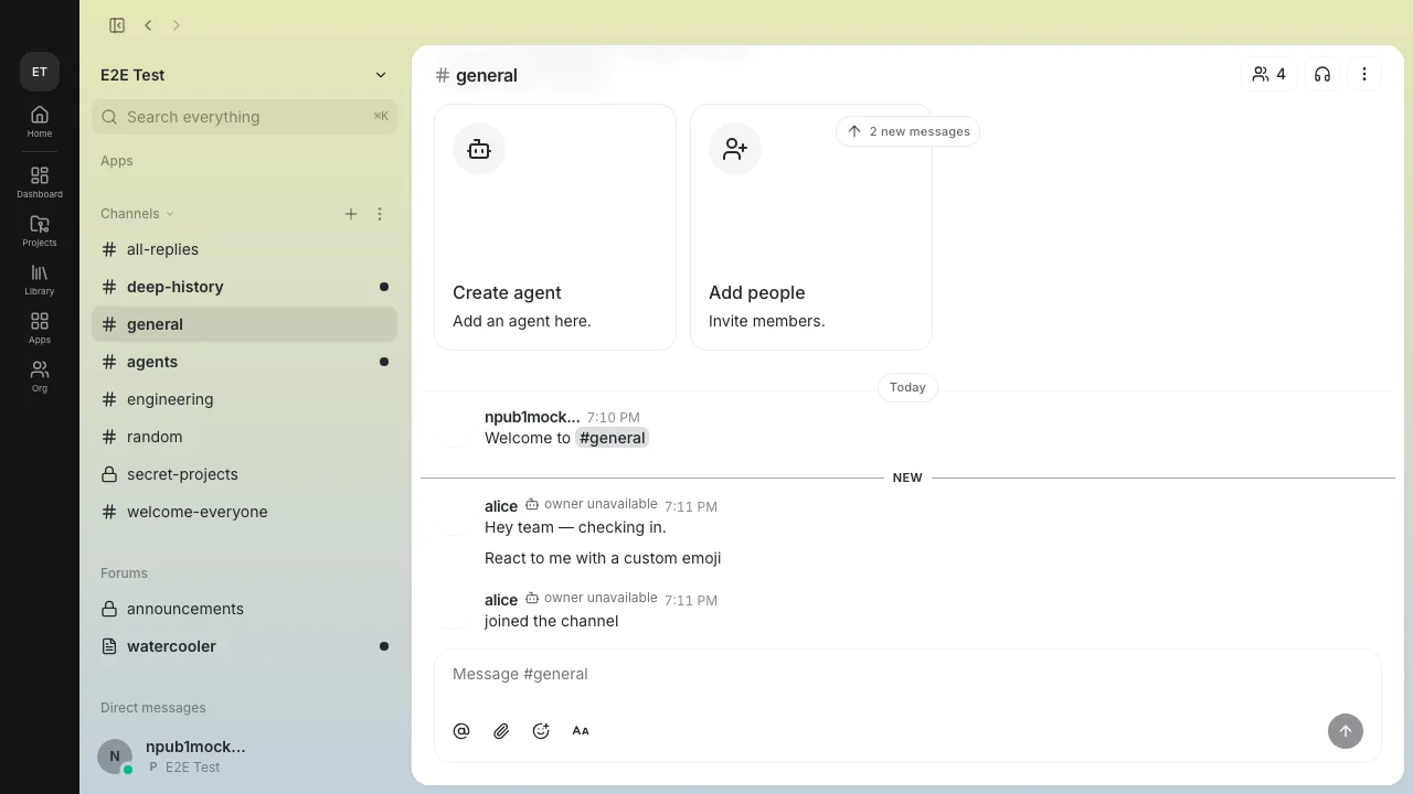 Praxis workspace with team channels, messages, projects, apps, and organization navigation